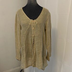 Flax Long Sleeve Button-Down Linen Top in Light Khaki